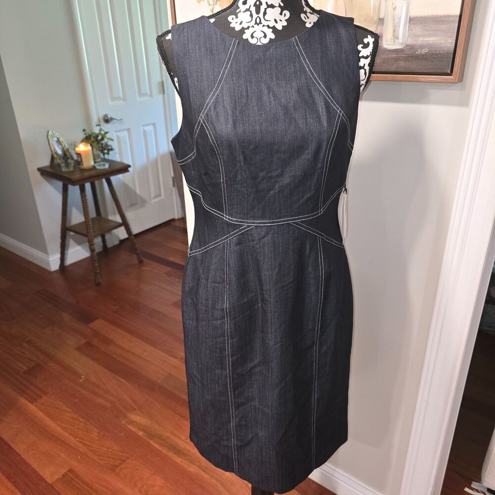 Ivanka Trump Denim-look Pencil dress w/ contrast contour topstitching - Picture 2 of 8